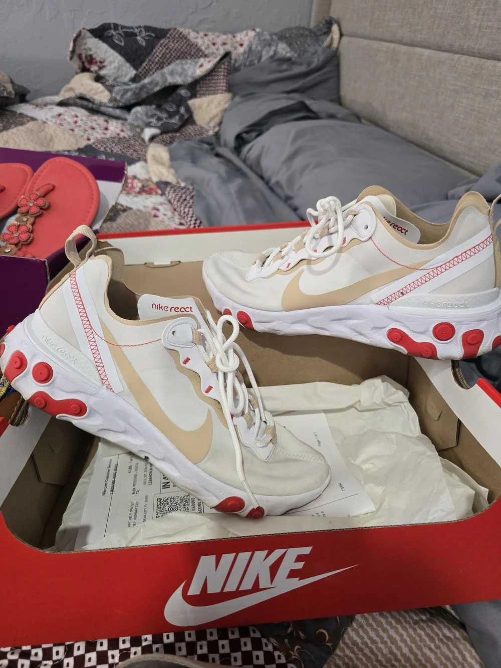 Nike React Element 55 Sneakers in White, Beige, and Coral Accents